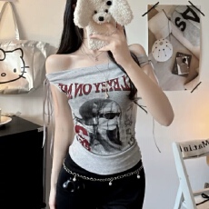 批发印花露肩吊带背心女春夏内搭美背<b class='q'>文胸</b>一体带胸垫辣妹修身无袖上衣