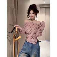 批发韩系一字肩波点长袖T恤女修身显瘦露肩辣妹<b class='q'>网纱</b>春夏季性感<b class='q'>上衣</b>女