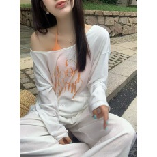 批发辣妹风斜肩露肩长袖T恤两件套撞色字母印花<b class='q'>夏季</b>宽松防晒叠穿上衣
