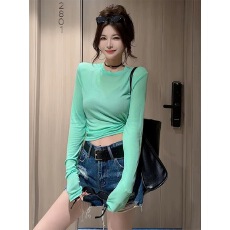 批发性感纯欲圆领长袖t恤女装夏修身显瘦短款褶皱辣妹露脐上衣<b class='q'>防晒衣</b>
