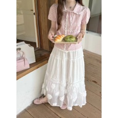 批发韩系蕾丝花边娃娃领<b class='q'>格子</b>短袖<b class='q'>衬衫女</b>夏季超好看设计感收腰显瘦上衣