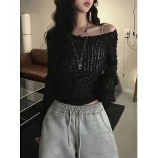 批发夏日小记 破洞设计透视防晒长袖T恤 纯欲风辣妹修身显瘦薄款上衣