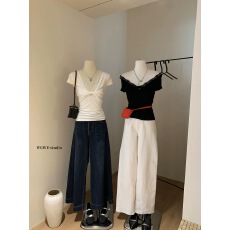 批发辣妹风蕾丝拼接扭结v领短袖T恤女夏季修身显瘦<b class='q'>打底衫</b>气质套头上衣