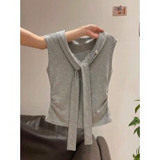 批发辣妹设计感蕾丝拼接V领系带短袖t恤女夏韩系小飞袖修身短款上衣服