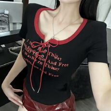 批发<b class='q'>韩版</b>辣妹夏季新款2026拼接撞色字母印花绑带短袖T恤上衣<b class='q'>打底衫</b>女