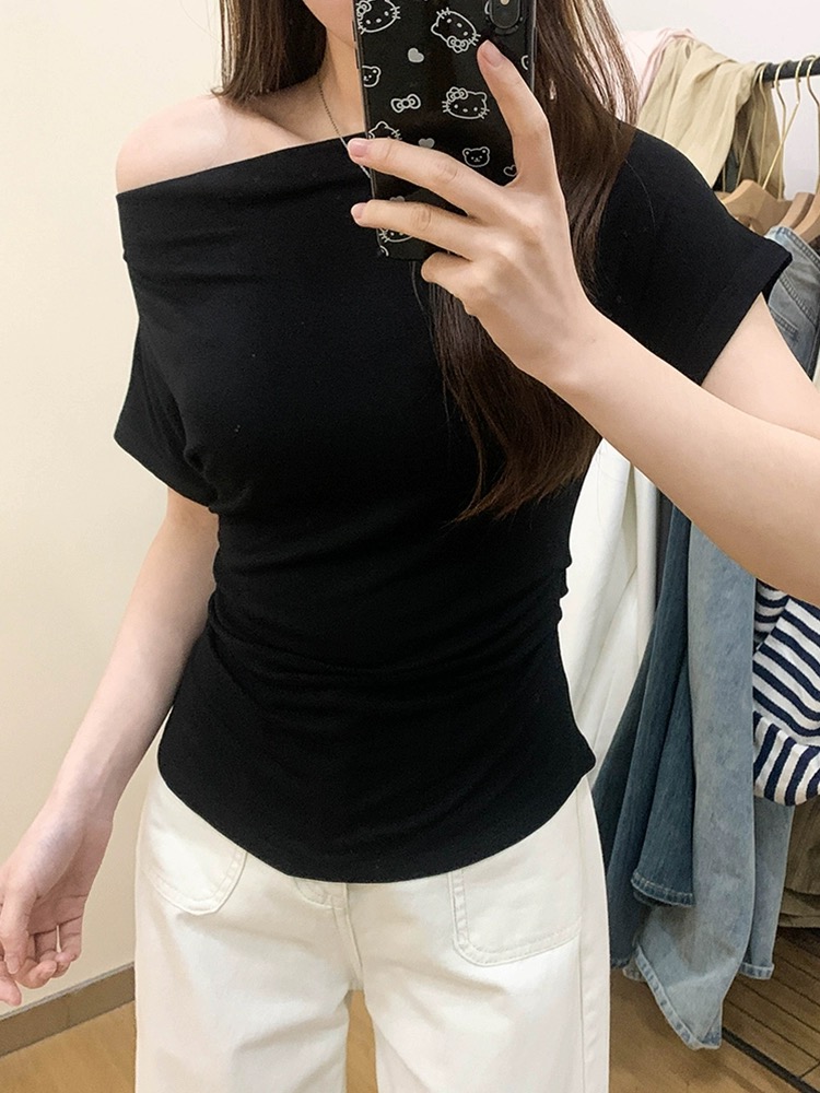 한 부서 핫걸 오프숄더 반팔 티셔츠 여성 여름 몸매 가꾸기 허리 수축 슬림해 보이는 비스듬한 칼라 누출 쇄골 기본 셔츠 맨위