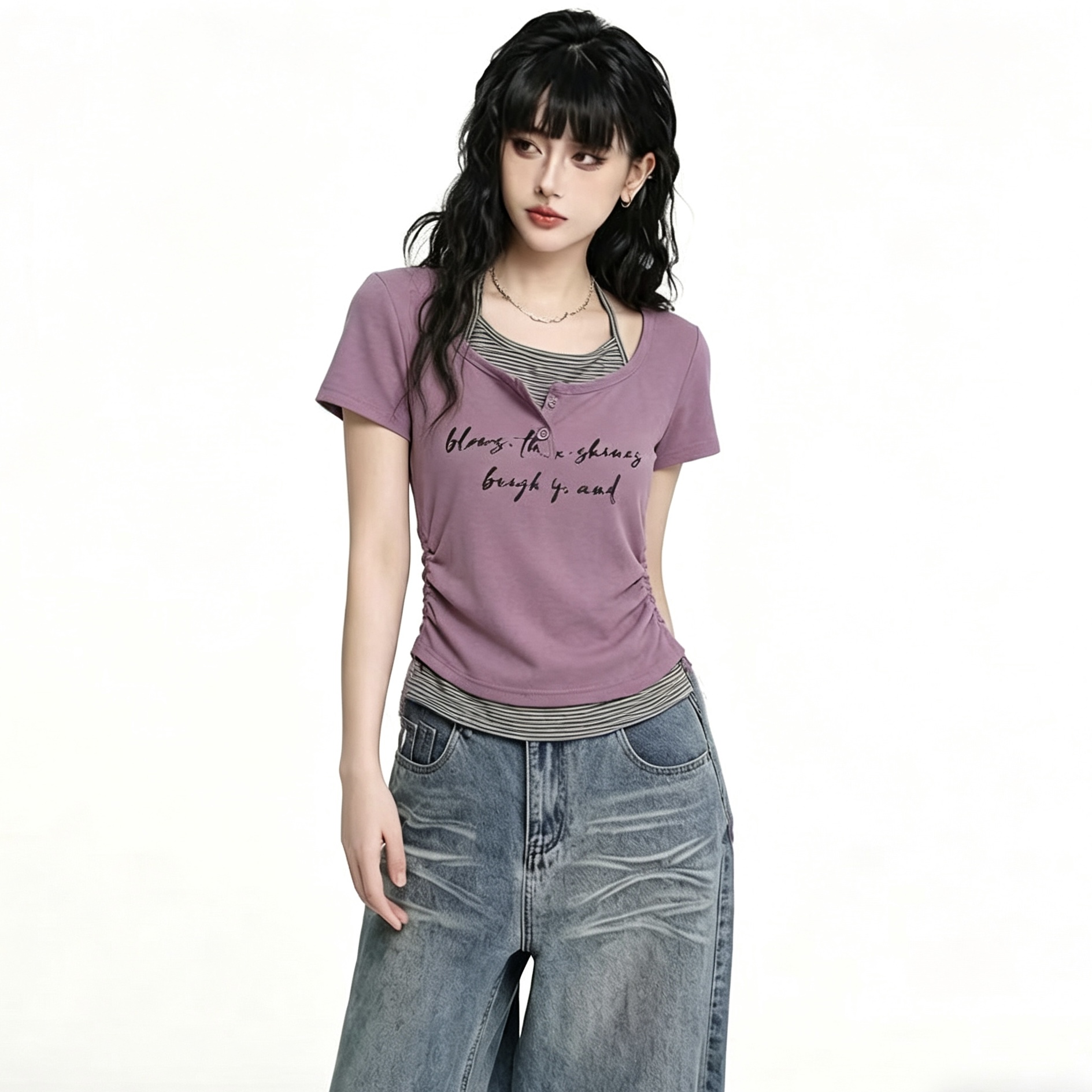 슈퍼 잘 생긴 반팔 티셔츠 여성 몸매 가꾸기 행침 목 페이크 레이어드 맨위 패션 외국 가스 일본식 바람 착용 가져 가라.