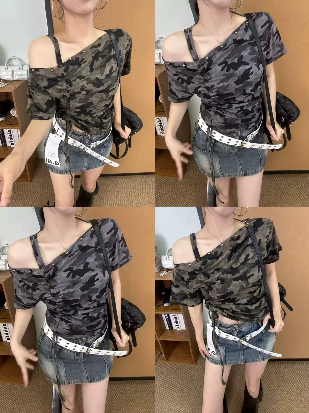 핫걸 불규칙 비스듬한 칼라 패치워크 카모플라주 티셔츠 반팔 여성 여름 아메리칸 몸매 가꾸기 슬림해 보이는 쇼트 스타일 맨위