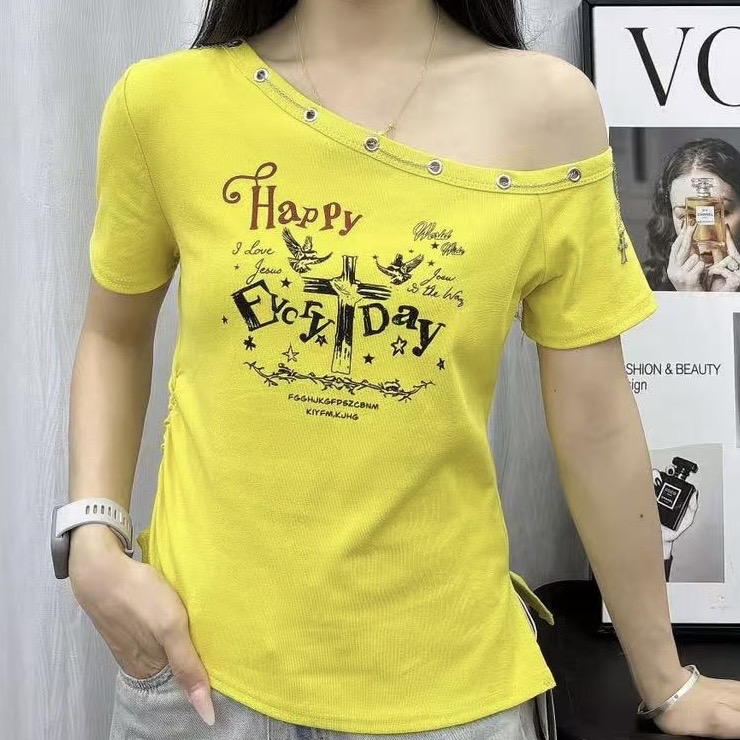 십자가 체인 비스듬한 어깨 의류 몸매 가꾸기 반팔 오프숄더 맨위 여성 여름