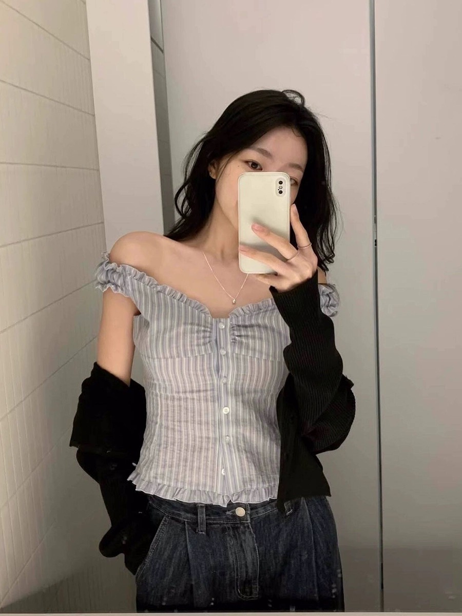 한 부서 파란색 스트라이프 작은 날다 소매 반팔 여성 셔츠 여름 핫걸 오프숄더 오프숄더 허리 수축 민소매 맨위 bm