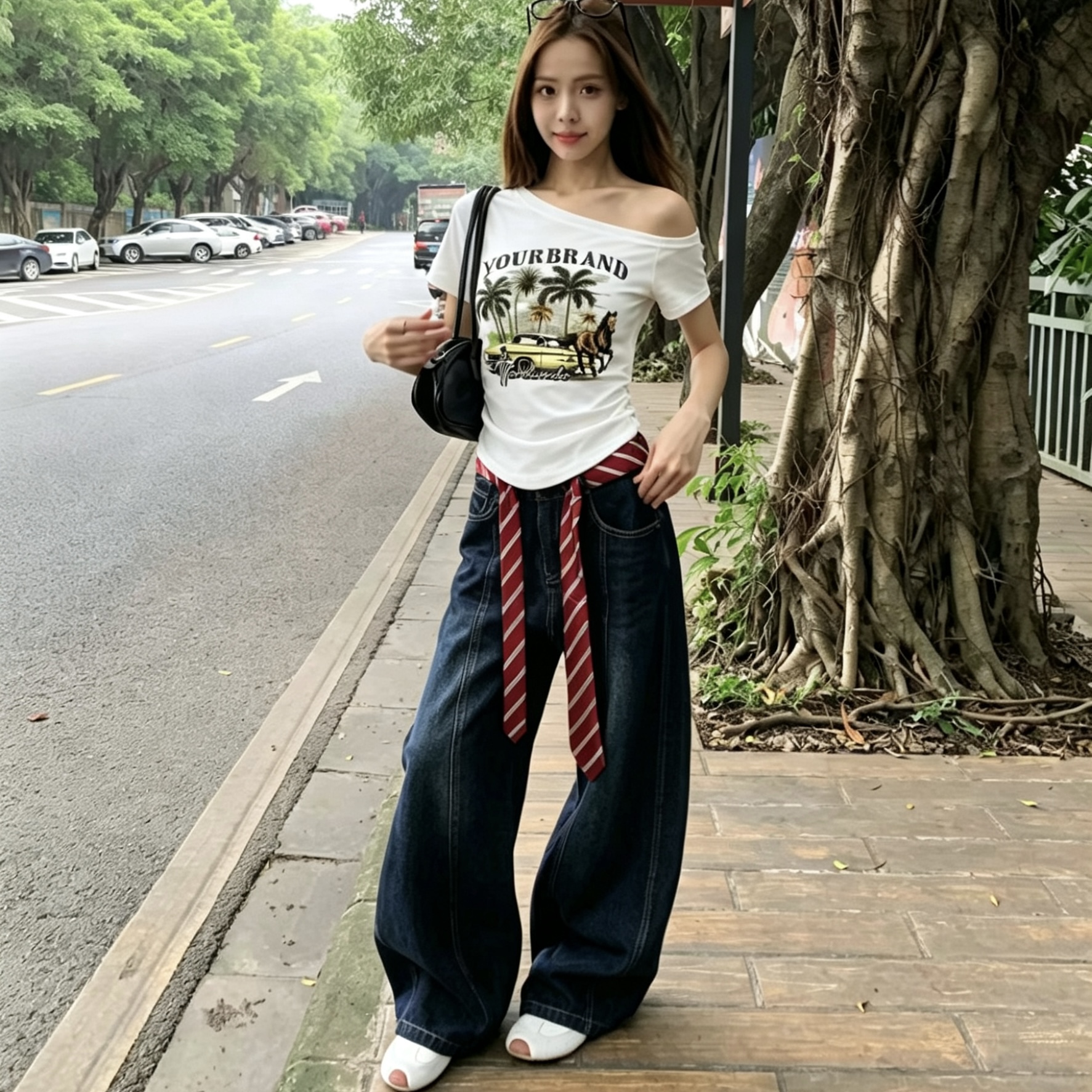 아메리칸 코코넛 나무 프린트 비스듬한 어깨 순면 여성 반팔 티셔츠 여름 2026 새로운 몸매 가꾸기 프린트 슬림해 보이는 맨위
