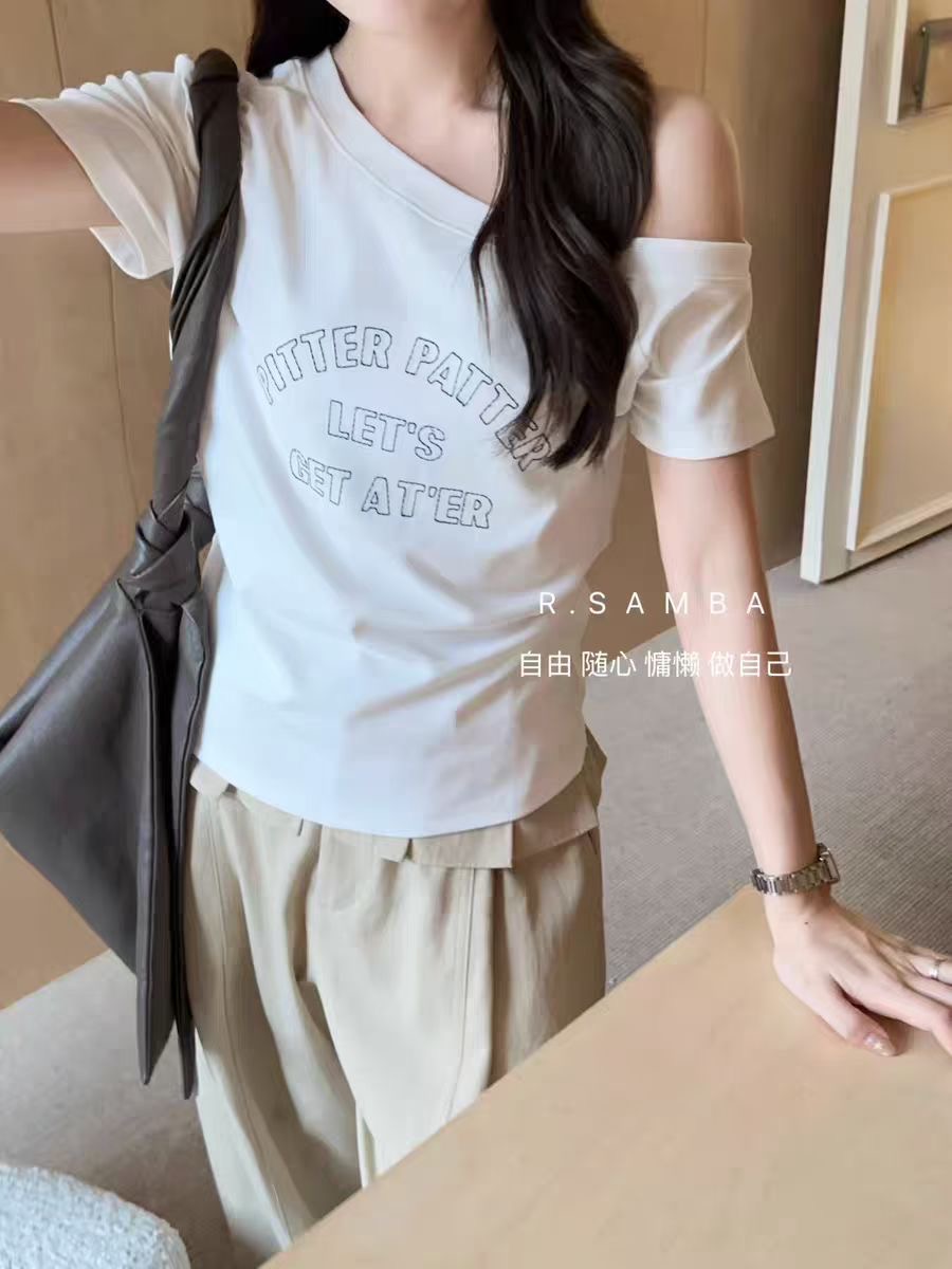 여름 켜기 대 u 종류 보트넥 디자인 알파벳 프린트 반팔 티셔츠 여성 레저 슬림해 보이는 허리 수축 맨위 셔츠