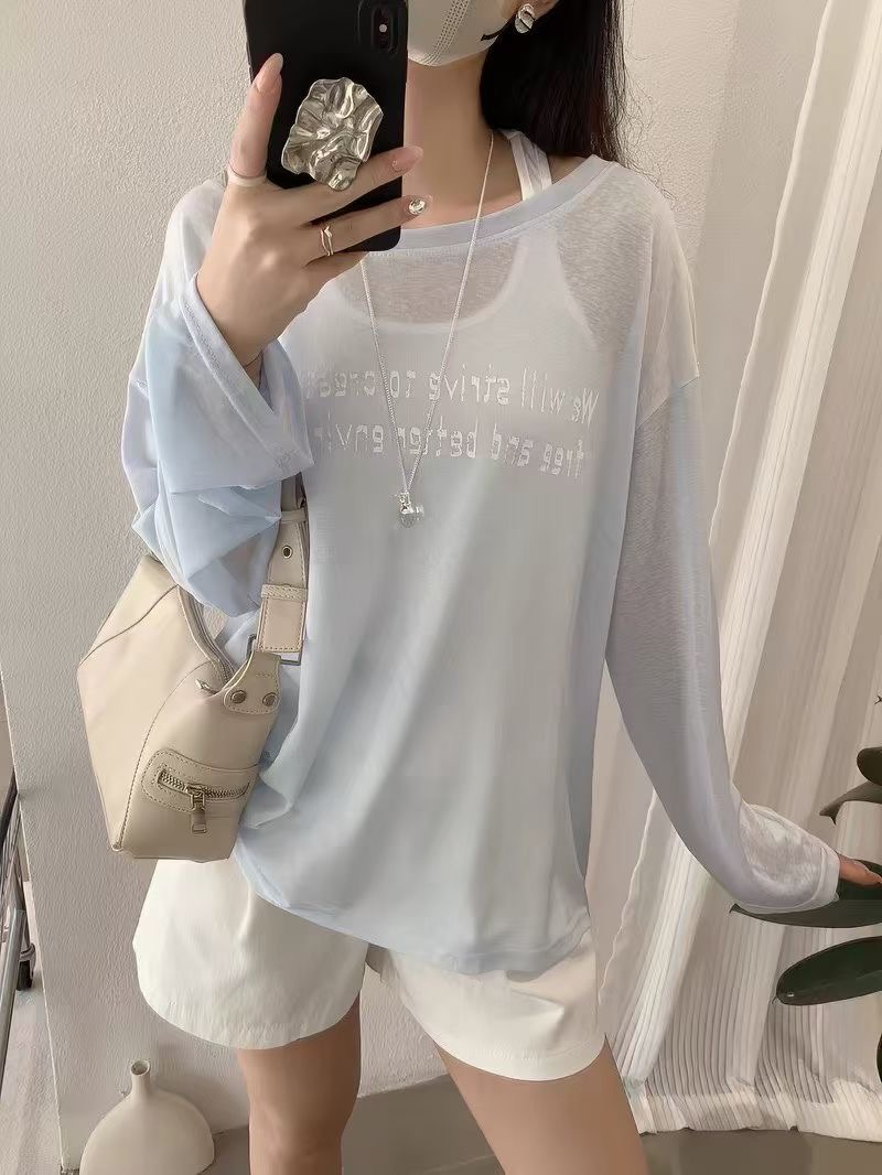 알파벳 프린트 편안함 루즈핏 긴팔 티셔츠 미니멀리즘 다용도 민소매 슬림해 보이는 캐주얼 투피스 조끼 여성 여름 섹션