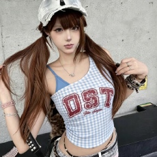 批发2026夏季女<b class='q'>装</b>新款美式辣妹纯欲风字母格子拼接背心吊带上衣带胸垫