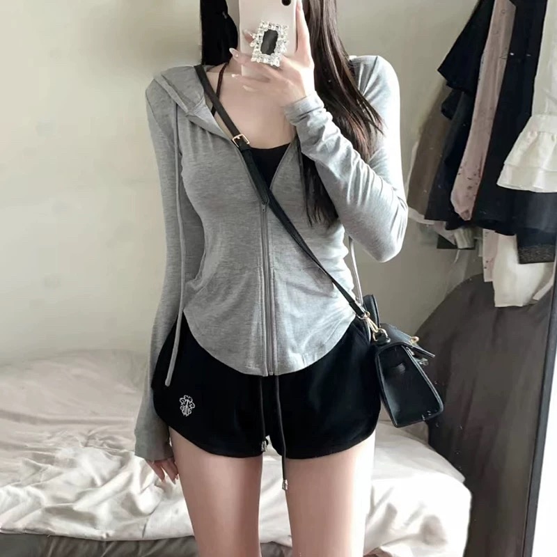 한 부서 작은 키 얇은 스타일 지퍼 오픈 가디건 자외선 차단 짧은 여성 코트 달콤한 핫걸 후드 긴팔 티셔츠 몸매 가꾸기 맨위