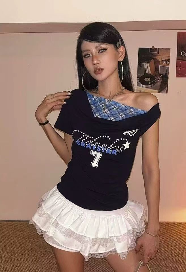 순수한 욕망 핫걸 체크무늬 패치워크 페이크 레이어드 흔들다 칼라 티셔츠 여성 여름 오프숄더 허리 수축 슬림해 보이는 품격 쇼트 스타일 맨위