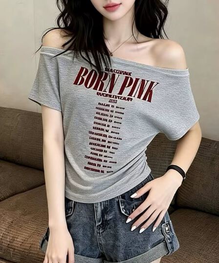 핫걸 착용 가져 가라. 비스듬한 칼라 알파벳 프린트 반팔 티셔츠 여성 여름 새로운 전후 둘 착용 ins 한 단어 어깨 옷