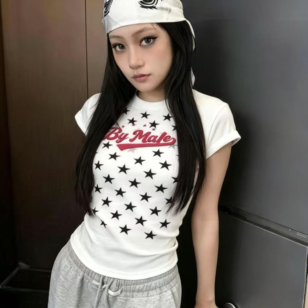 한국 ins 작은 대중 레트로 별 프린트 긍정적 인 어깨 쇼트 스타일 몸매 가꾸기 슬림해 보이는 순면 높음 폭탄 반팔 티셔츠 맨위 여성