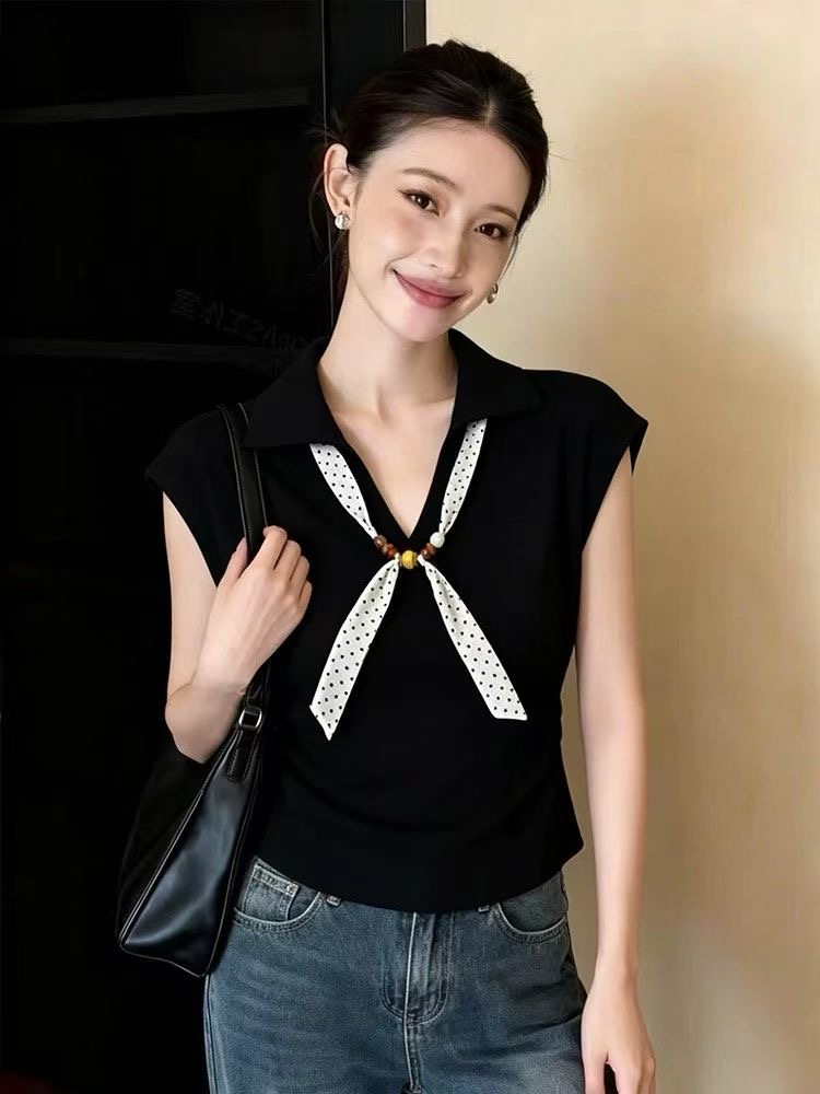 한 부서 품격 경기 스카프 폴로 칼라 반팔 여성 2026 년 여름 새로운 품격 다용도 연령 감소 맨위