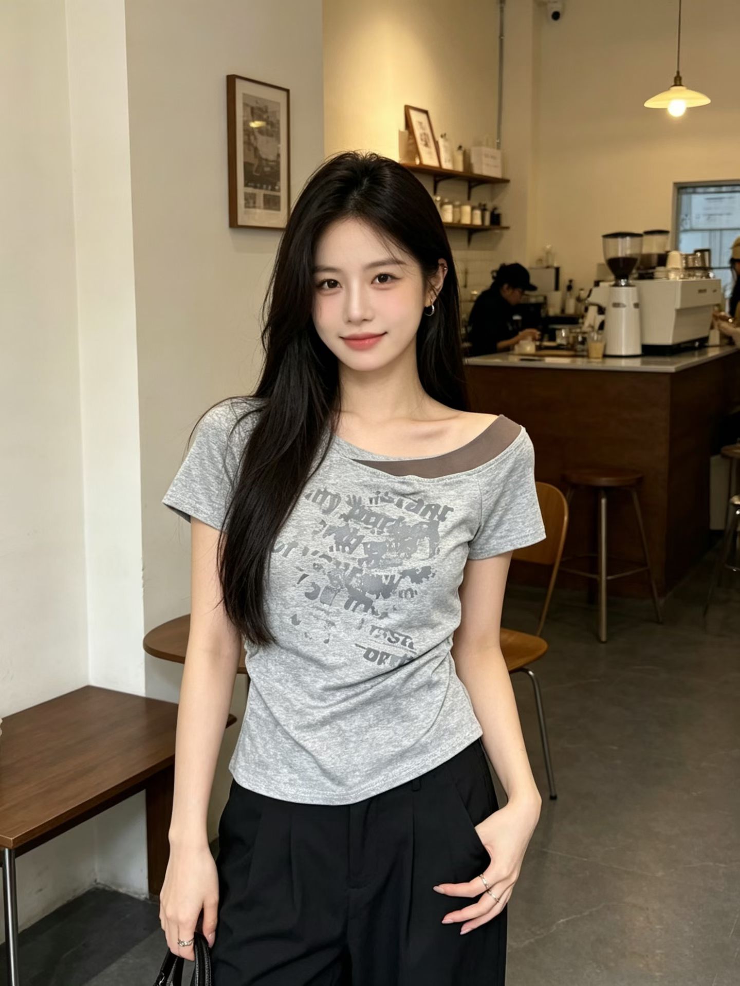 아메리칸 레트로 핫걸 쇼트 스타일 페이크 레이어드 수신 Pleat 프린트 비스듬한 칼라 반팔 티셔츠 맨위