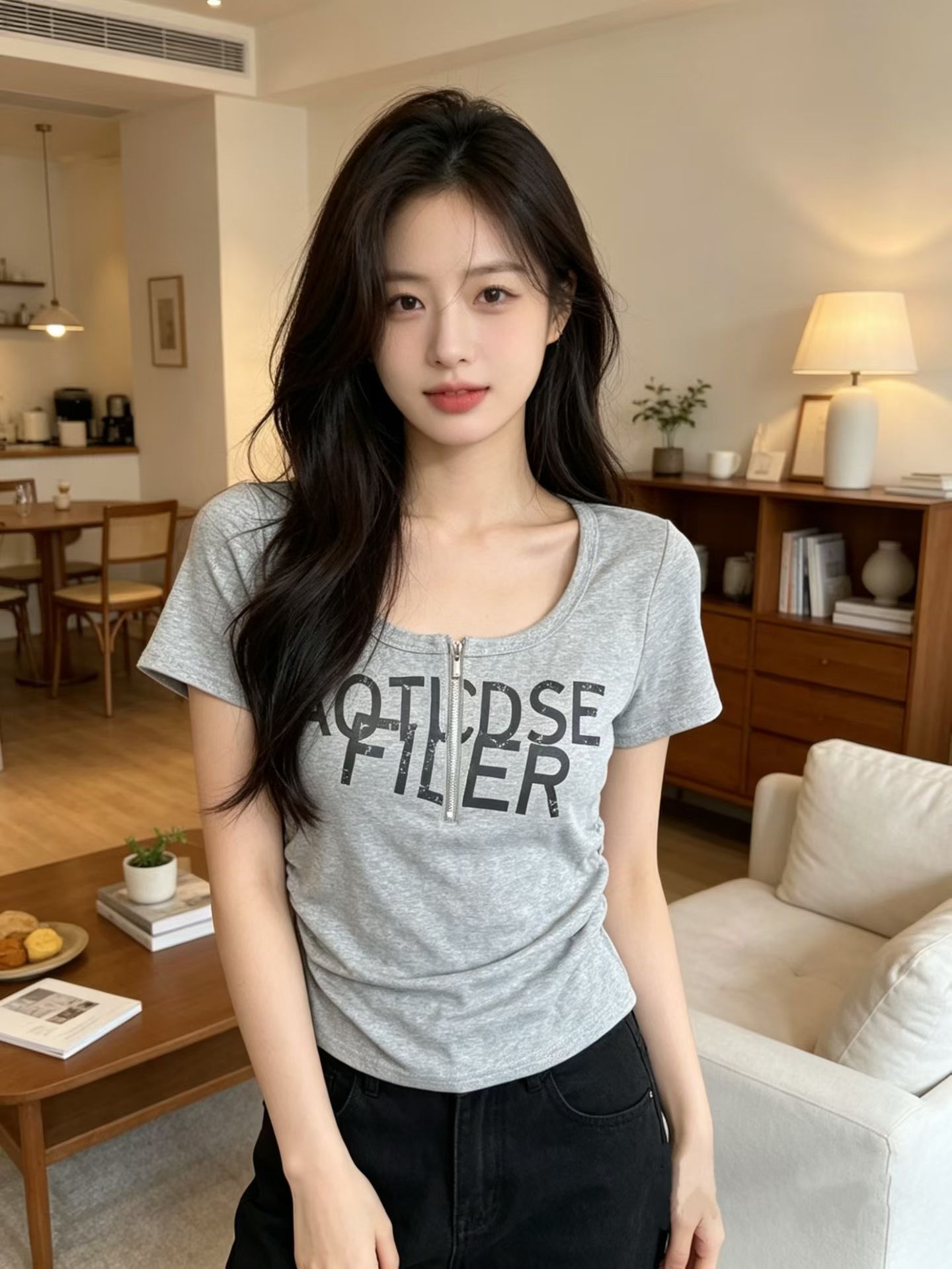 2026 아메리칸 핫걸 바람 알파벳 프린트 반팔 티셔츠 여성 다용도 라운드 넥 하프 지퍼 몸매 가꾸기 맨위