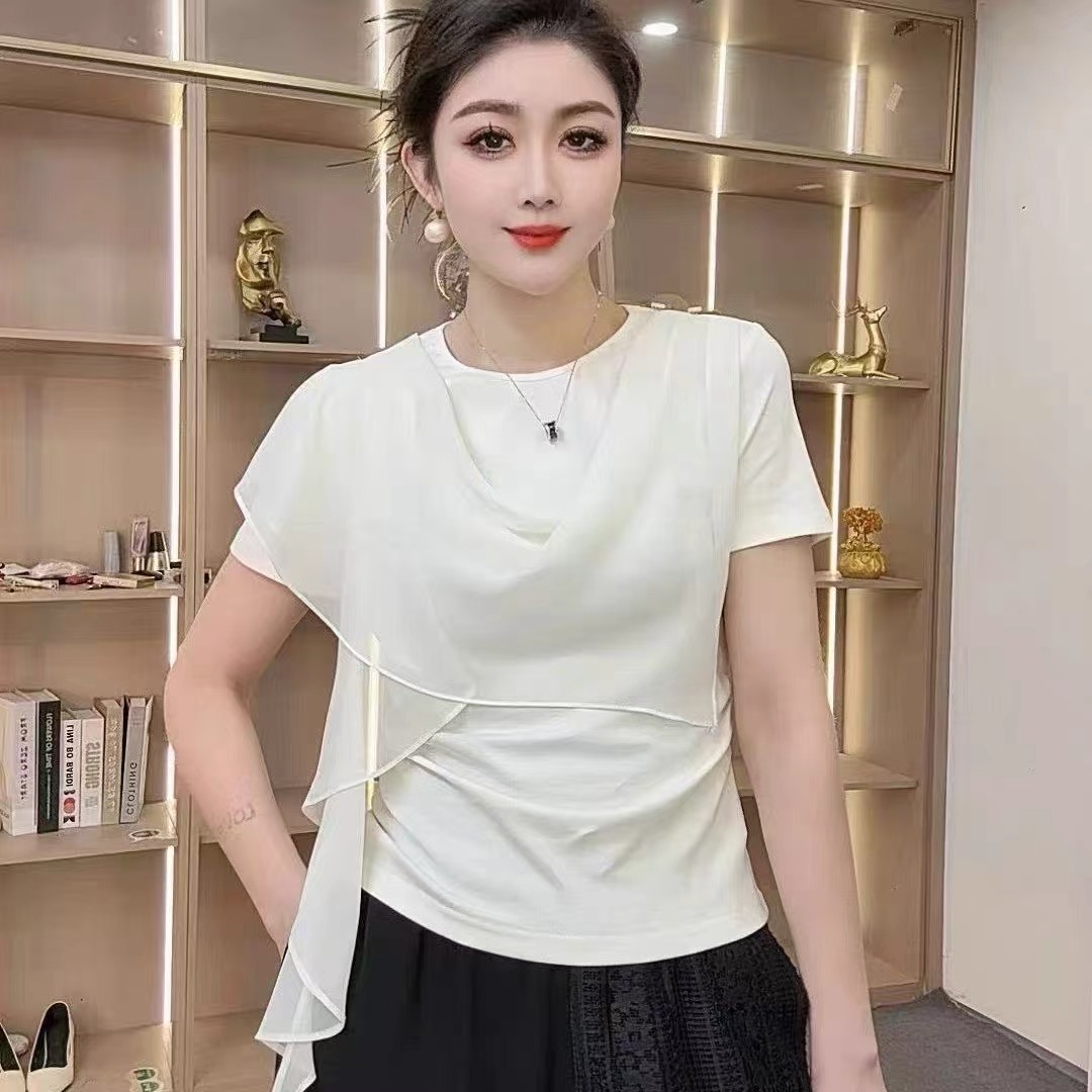 디자인 센스 비대칭 패치워크 반팔 티셔츠 여성 여름 루즈핏 슬림해 보이는 캐주얼 맨위