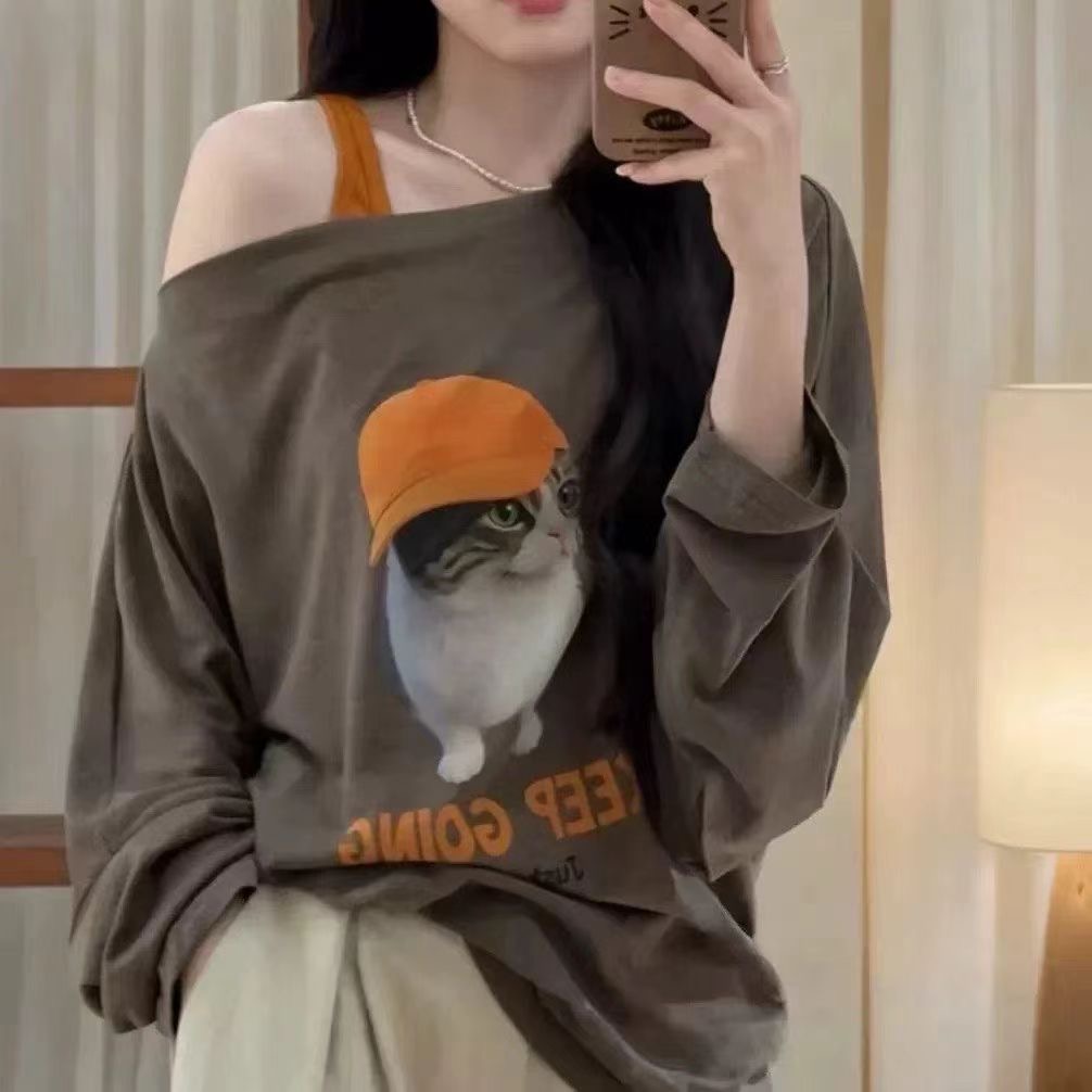 여름 루즈핏 자외선 차단 블라우스 투피스 조끼 한국 스타일 패션 만화 고양이 프린트 긴팔 캐주얼 티셔츠 여성