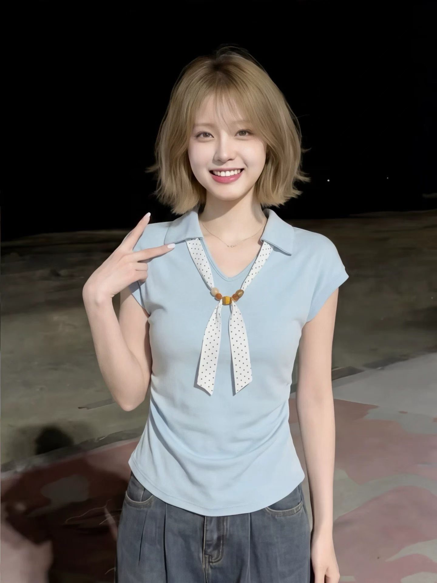 한 부서 품격 경기 스카프 폴로 칼라 반팔 여성 2026 년 여름 새로운 품격 다용도 연령 감소 맨위