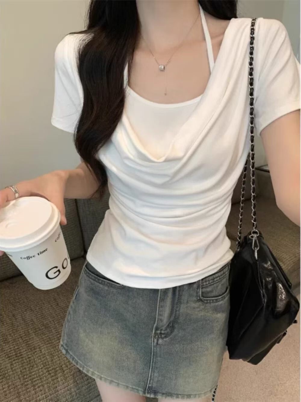 순수한 욕망 바람 흔들다 칼라 행침 목 페이크 레이어드 반팔 티셔츠 여성 여름 핫걸 주름 허리 수축 슬림해 보이는 다용도 Chic 맨위