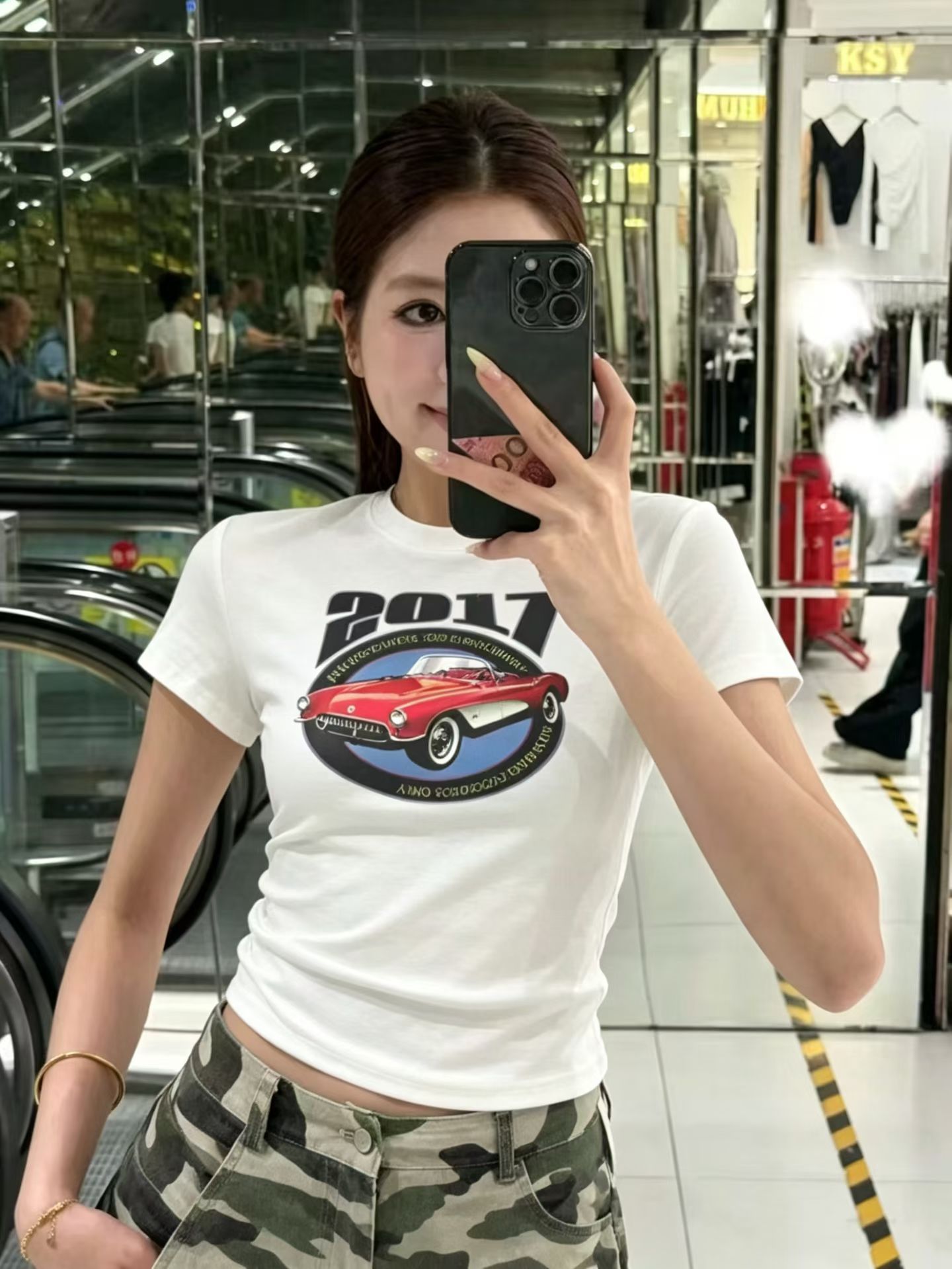 아메리칸 레트로 프린트 디자인 센스 반팔 티셔츠 여성 하이웨이스트 쇼트 스타일 인사이드 가져 가라. 외출용 작은 대중 다용도 맨위 여름