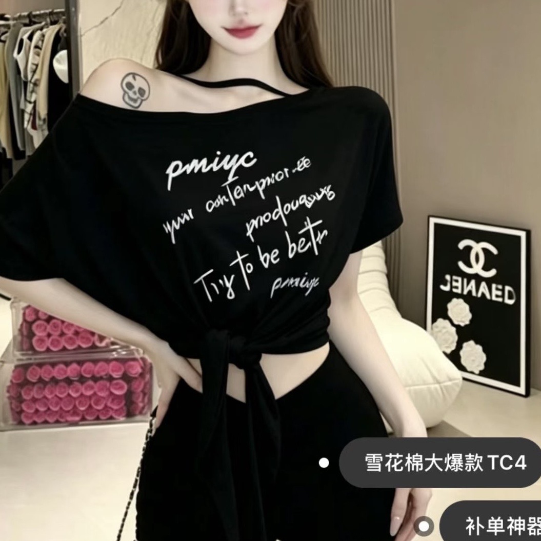 여름 한국 스타일 오프숄더 알파벳 프린트 스트랩 티셔츠 여성용 짧은 소매 다용도 슬림해 보이는 쇼트 스타일 오프숄더 맨위