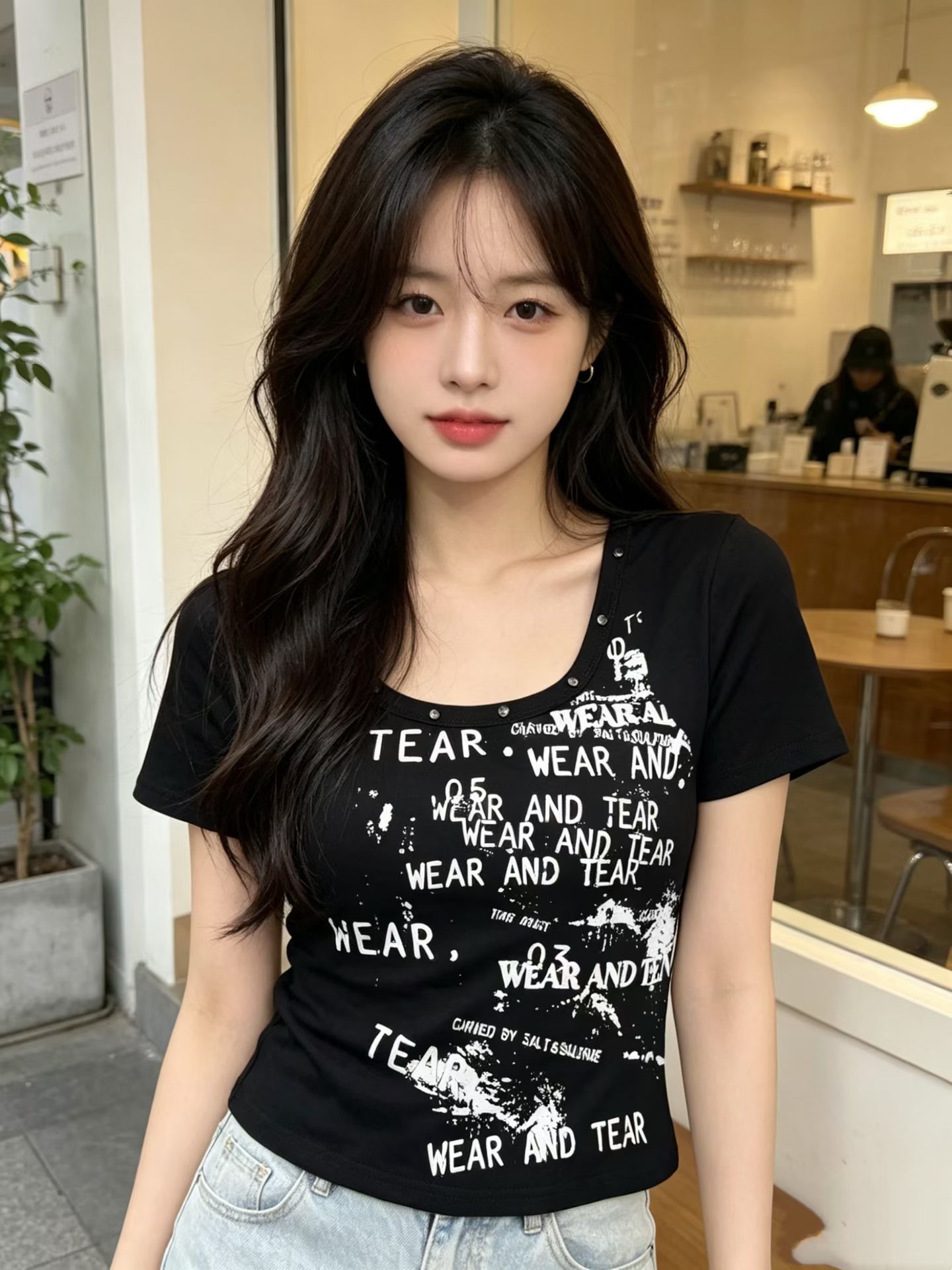 2026 여름 아메리칸 레트로 전후 u 칼라 쇼트 스타일 알파벳 프린트 징 슬림해 보이는 다용도 핫걸 티셔츠 맨위 t 트렌디