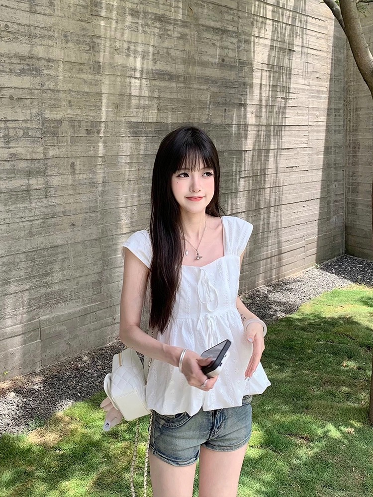 cuitcuit 자카드 작은 날다 소매 광장 칼라 인형 셔츠 가을 첫사랑 센스 부드러운 순면 작은 셔츠 퍼프 맨위