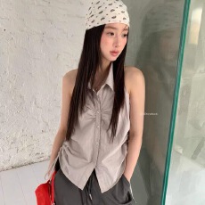 批发abouteee-韩系辣妹风<b class='q'>翻领</b>修身抽褶显瘦短款无袖小衫
