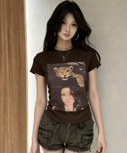 아메리칸 레트로 치타 프린트 티셔츠 여성 여름 새로운 몸매 가꾸기 슬림해 보이는 긍정적 인 어깨 반팔 맨위