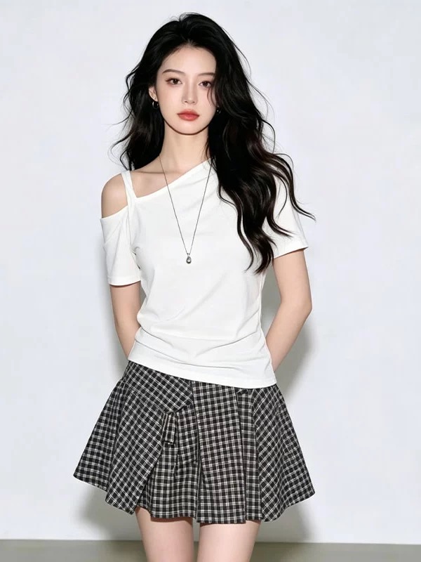 프랑스식 패션 디자인 센스 불규칙 비스듬한 어깨 오프숄더 화이트 반팔 티셔츠 여성 여름 작은 대중 Chic 맨위 아름다운