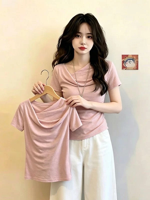 부드러운 한 부서 바람 흔들다 칼라 주름 반팔 티셔츠 여성 슬림해 보이는 품격 작은 대중 맨위 여름 2026 새로운 아름다운
