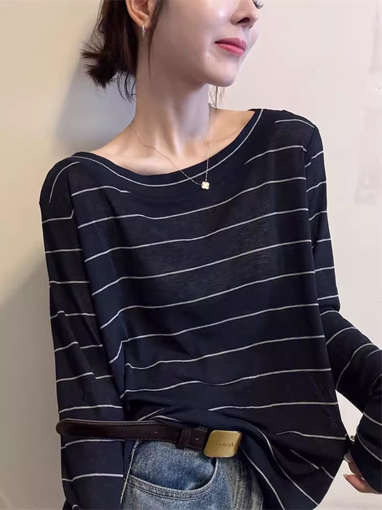 느긋한 센스 롱 코트 스트라이프 티셔츠 여성 여름 비스듬한 어깨 루즈핏 슬림해 보이는 자외선 차단 블라우스 알파벳 프린트 캐주얼 맨위
