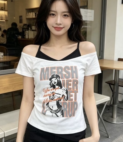 인물 프린트 페이크 레이어드 오프숄더 반팔 티셔츠 여성 여름 몸매 가꾸기 슬림해 보이는 맨위