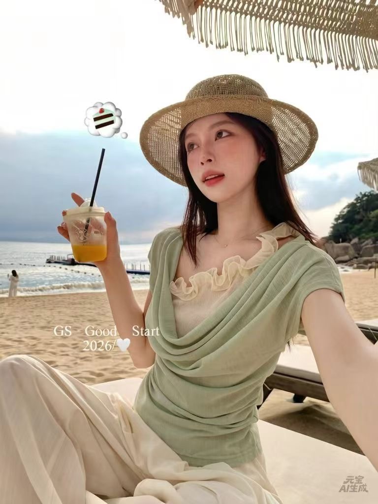 프릴 배색 페이크 레이어드 흔들다 칼라 시폰 셔츠 여성 여름 순수한 욕망 바람 허리 수축 슬림해 보이는 품격 반팔 작은 셔츠 맨위