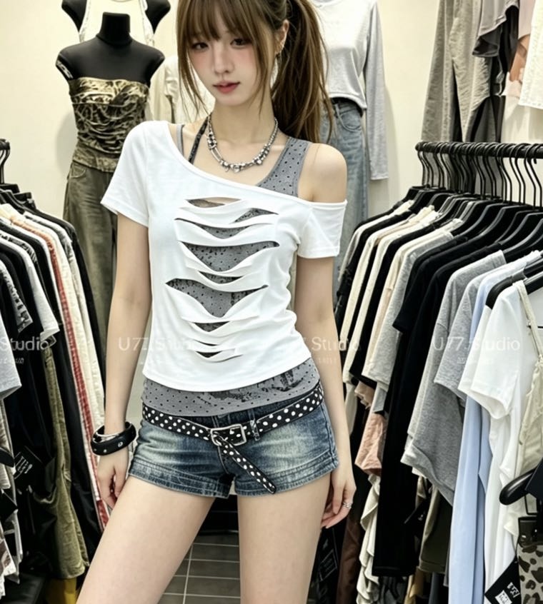 페이크 레이어드 도트 무늬 찢어진 부분 비스듬한 어깨 프린트 반팔 여성 여름 몸매 가꾸기 슬림해 보이는 핫걸 맨위