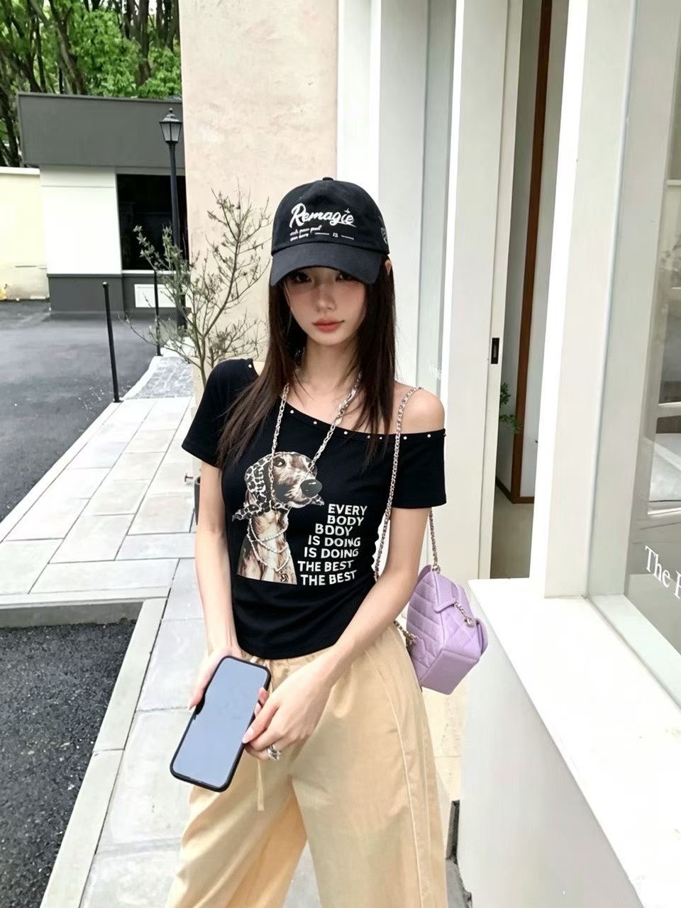 강아지 프린트 비스듬한 어깨 반팔 티셔츠 여성 여름 징 장식 다용도 맨위