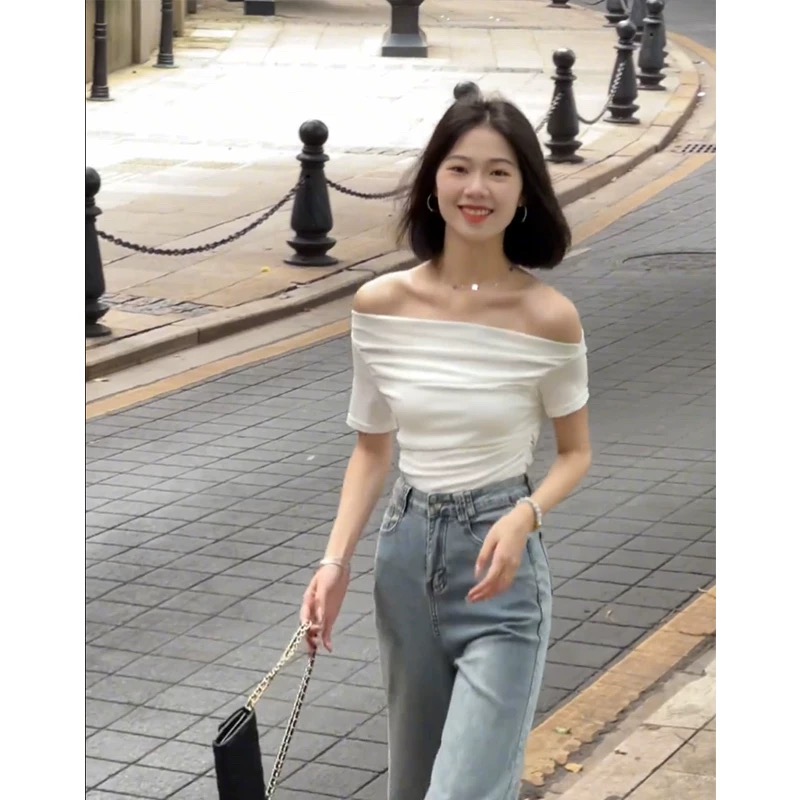 화이트 오프숄더 반팔 티셔츠 여성 여름 섹시함 핫걸 Chic 아름다운 타이트 허리 수축 쇼트 스타일 오프숄더 맨위