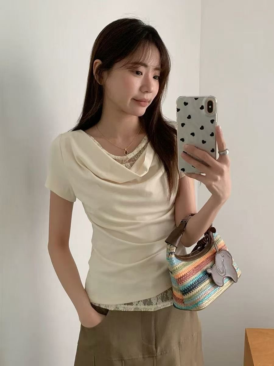 한 부서 레이스 레이스 흔들다 칼라 반팔 티셔츠 여성 초여름 새로운 작은 대중 다용도 순수한 욕망 바람 오프숄더 살구 색상 맨위