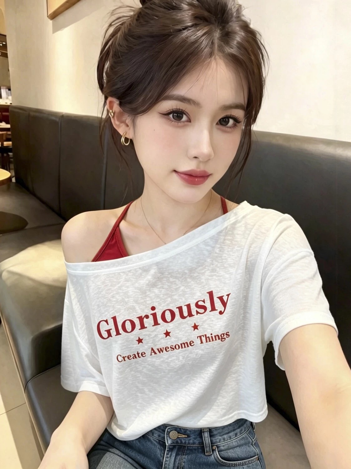 아름다움 라드. 페이크 레이어드 비스듬한 어깨 반팔 티셔츠 여성 2026 여름 새로운 한국 스타일 알파벳 프린트 루즈핏 맨위 ins