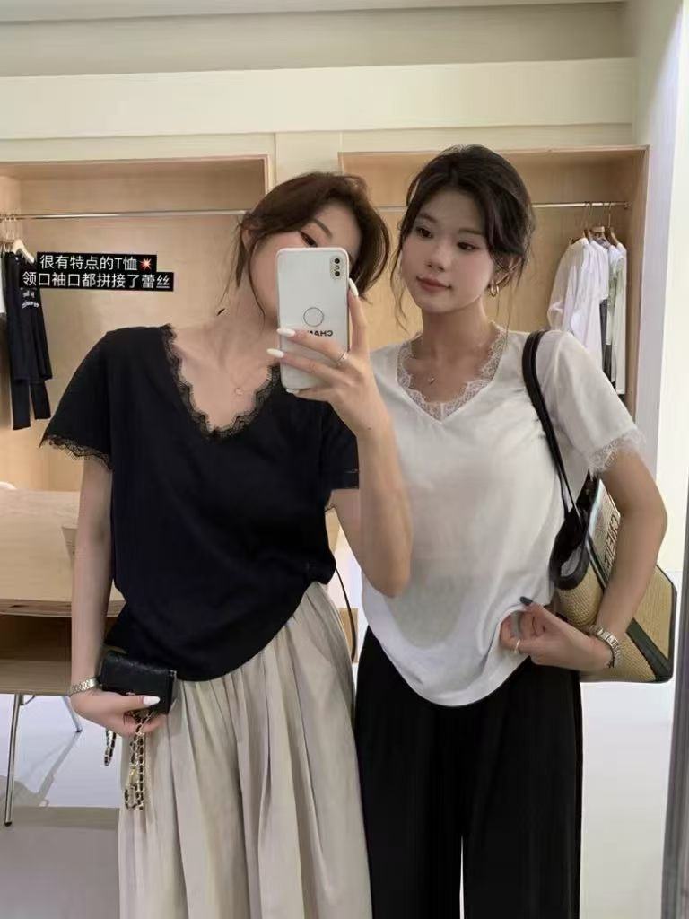 V넥 레이스 레이스 패치워크 루즈핏 슬림해 보이는 다용도 캐주얼 반팔 티셔츠 맨위 여성