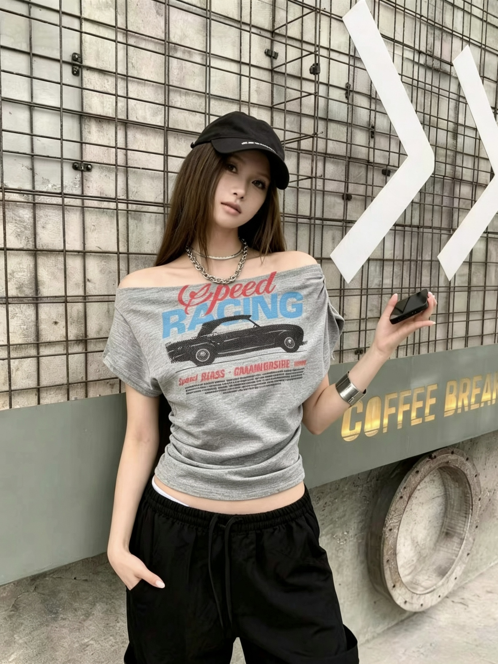 아메리칸 핫걸 비스듬한 칼라 오프숄더 반팔 티셔츠 여성 여름 새로운 프린트 슬림해 보이는 순수한 욕망 맨위