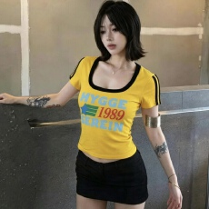 批发夏季u领正肩t恤短袖女2026撞色修身纯棉半袖内搭打底<b class='q'>显瘦</b>上衣