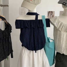批发波点一字肩飘带背心雪纺衬衫女夏<b class='q'>新款</b>温柔风花苞无袖<b class='q'>小衫</b>露肩上衣