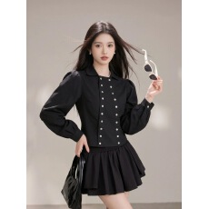 批发法式小众复古双排扣泡泡袖<b class='q'>衬衫</b>女2026早秋简约<b class='q'>白色</b>修身高级感上衣
